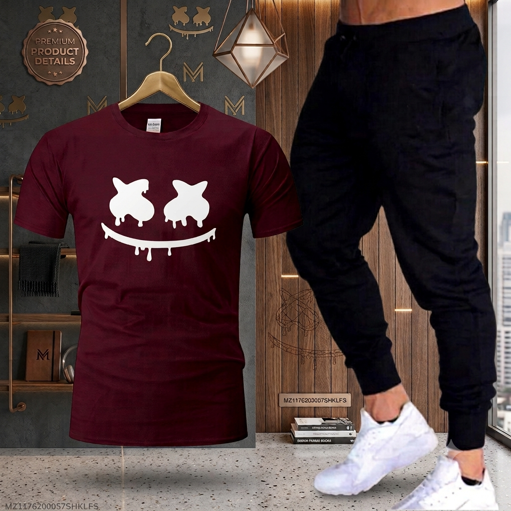 Men's Stylish Printed Cotton Tracksuit – Maroon